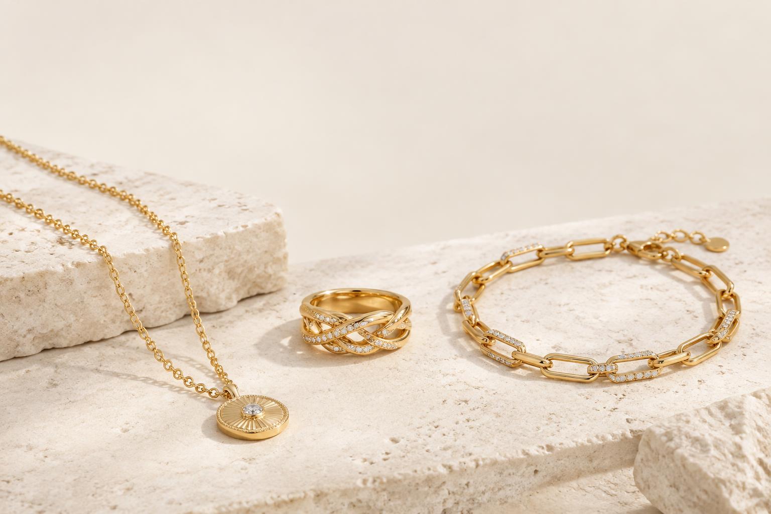 گردنبند، انگشتر و دستبند طلا؛ تصویر نمایشی جواهرات